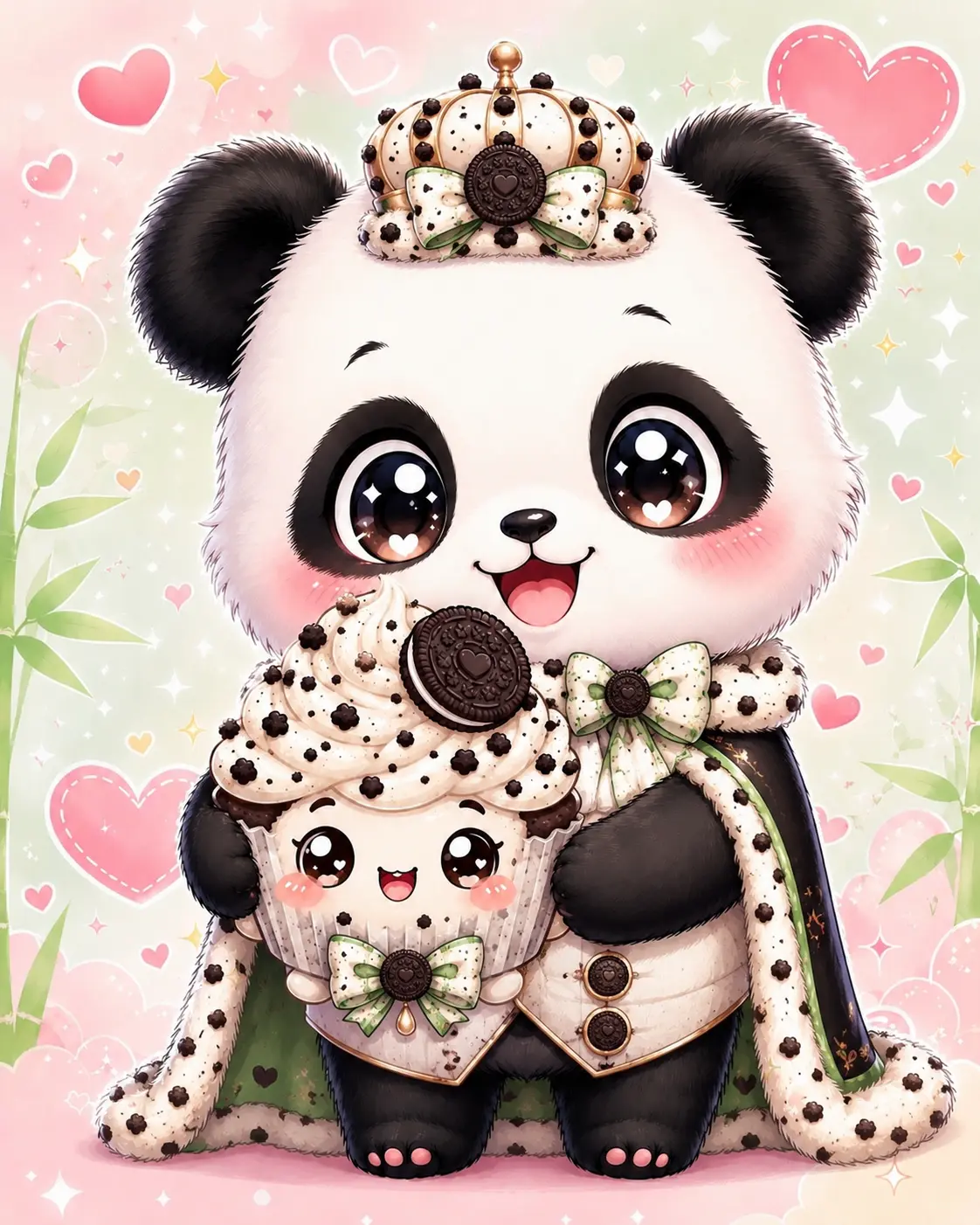 Cookie Cream, a panda in a cookie crown holding a cookies and cream cupcake
