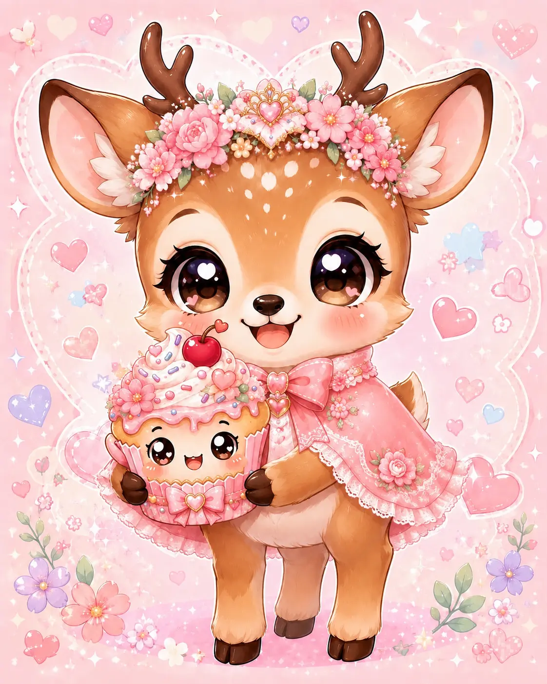 Flower Forest, a fawn in a flower crown holding a cherry cupcake