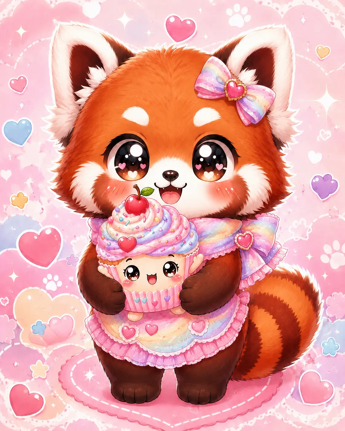 Cotton Candy, a red panda in a rainbow sash holding a cherry cupcake