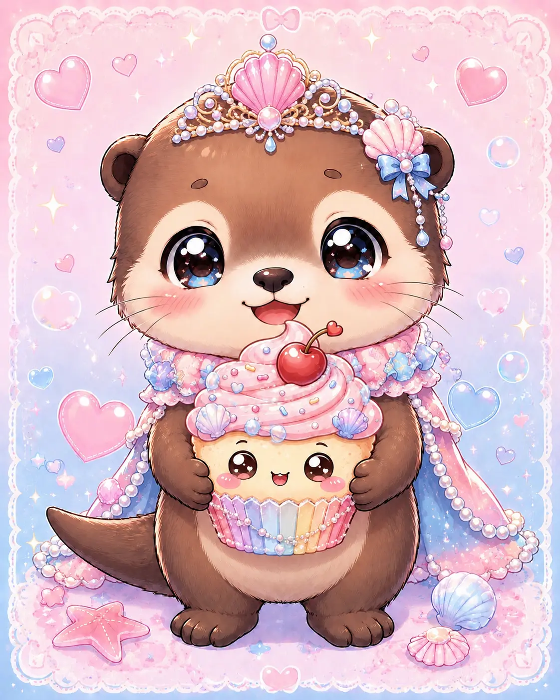 Sienna Seashell, an otter in a seashell crown holding a cupcake