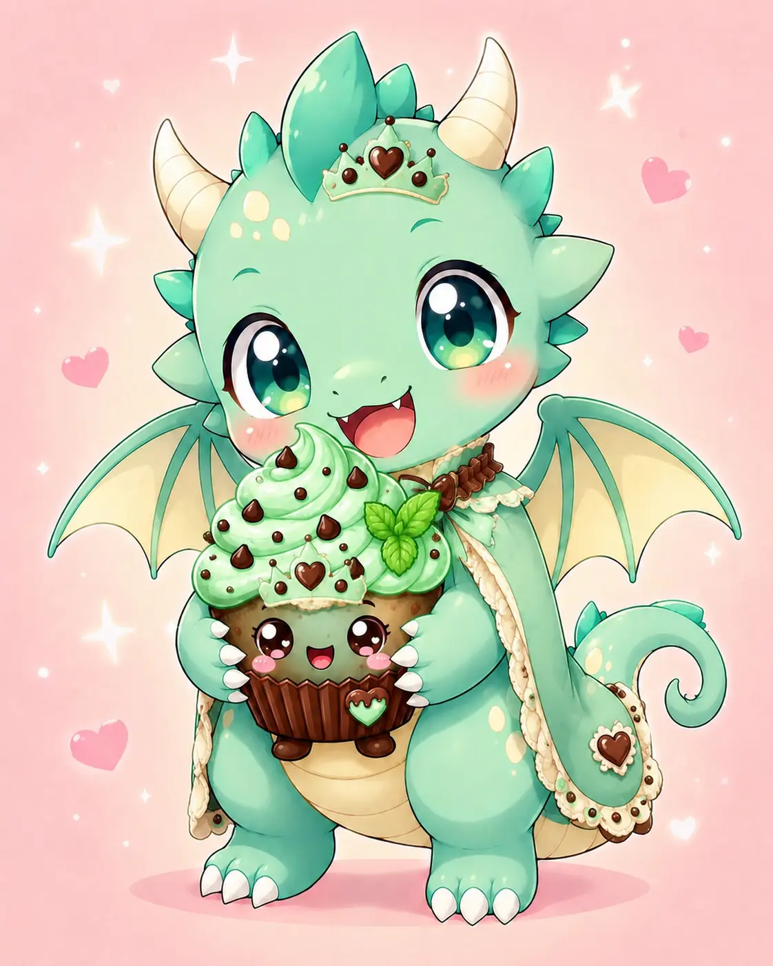 Prince Emerald Mint, a mint-green dragon hugging a mint chocolate chip cupcake