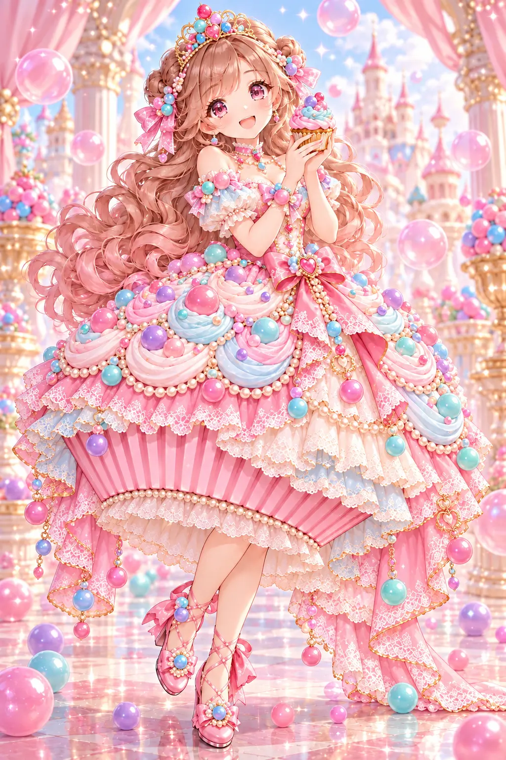 Queen Gumball, the Cupcake Castle princess, in a pink candy dress holding a cupcake in her castle