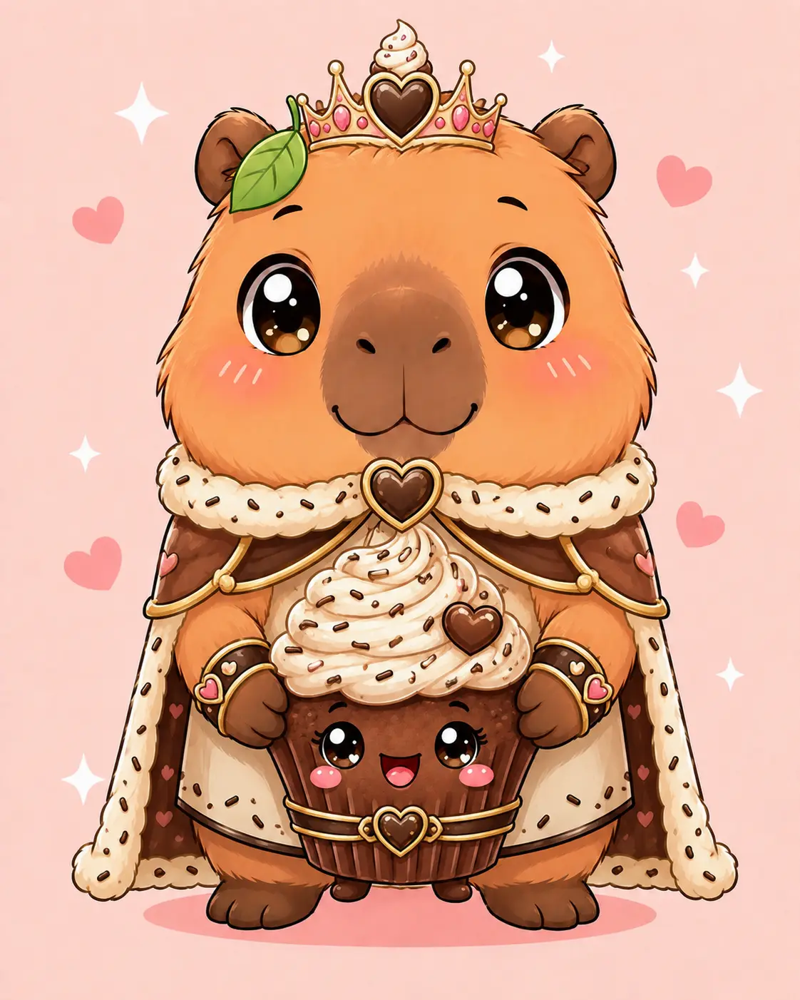 Prince Chocolate, a capybara in a royal cape holding a chocolate cupcake