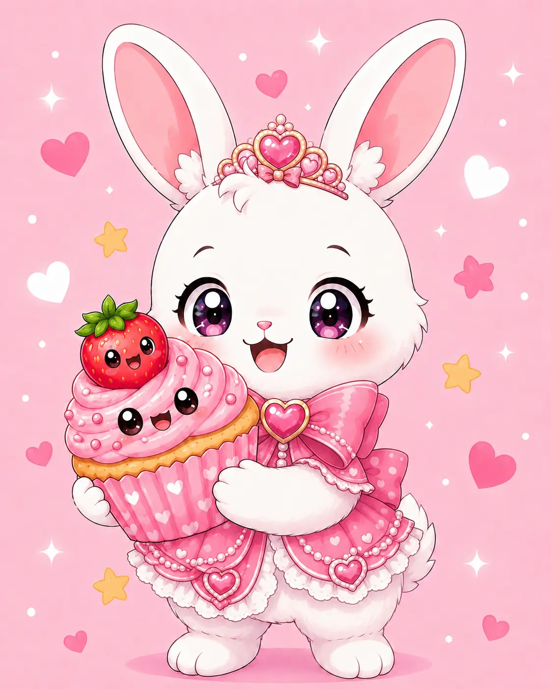 Berry Heart, a white bunny in a tiara holding a strawberry cupcake